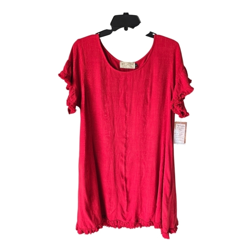 $98 New Bad Little Country Girl Women Linen Dress Sz L Red Flowy Laggenlook